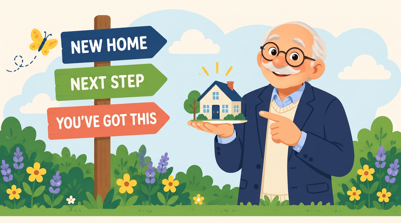 A garden signpost reading New Home, Next Step and You've got this, beside Morty holding a little house in his palm