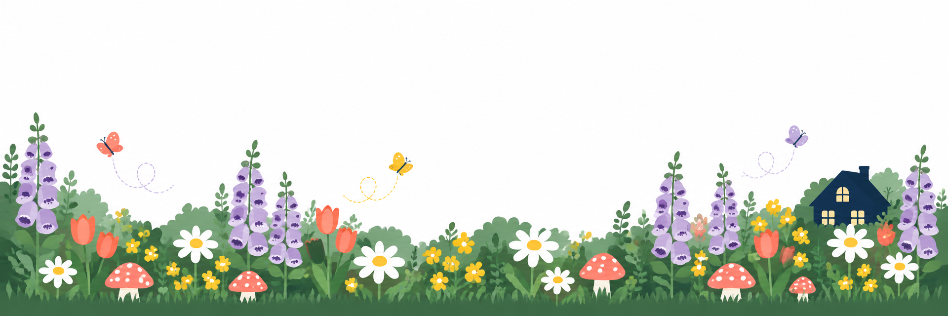 A wide illustrated garden scene with flowers, homes and butterflies